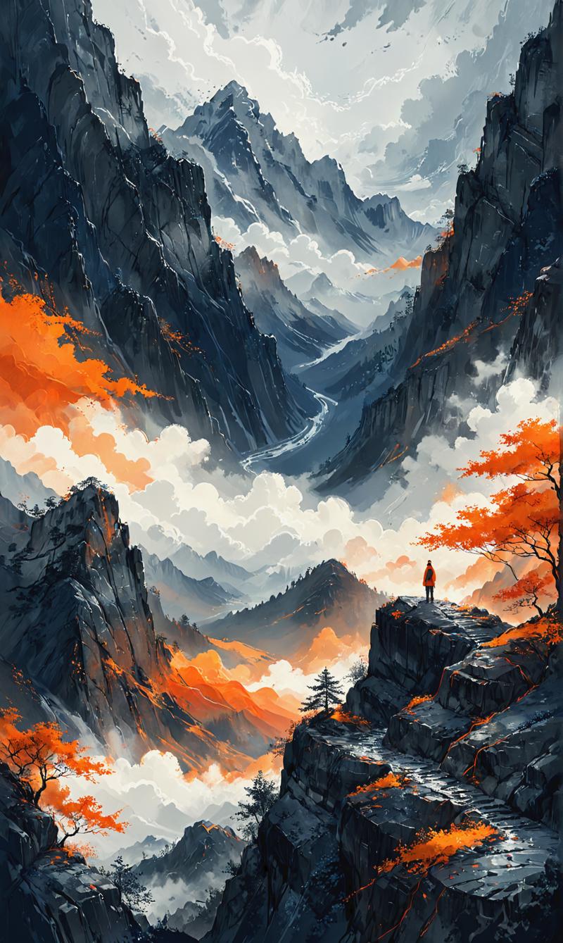 03833-809659067-Mountains, in the style of dark silver and orange, clouds, cartoonish innocence, slumped_draped, made of emotions, light white a.png